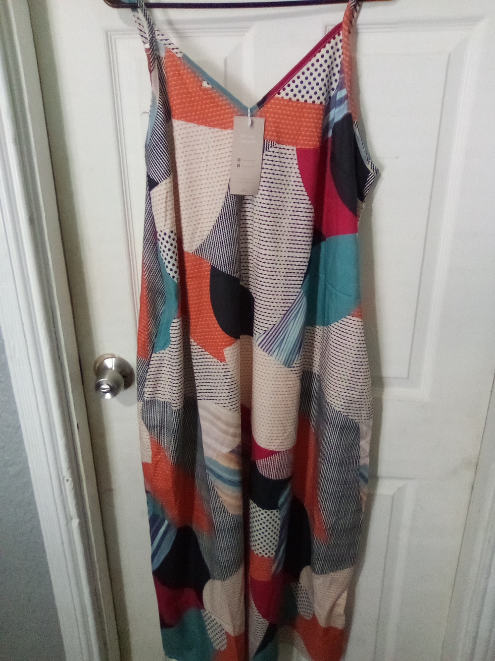 Geometric Print Spaghetti-Strap Maxi Dress in Orange, Teal & Cream